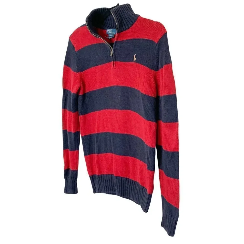 Ralph Lauren Polo Boy’s 1/4 Zip Navy Blue & Red Cotton Sweater Size Large 16-18